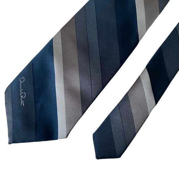Oscar de la Renta Vintage Tie Silk Blend Gray Blue Stripe Made in USA EUC - Picture 4 of 6